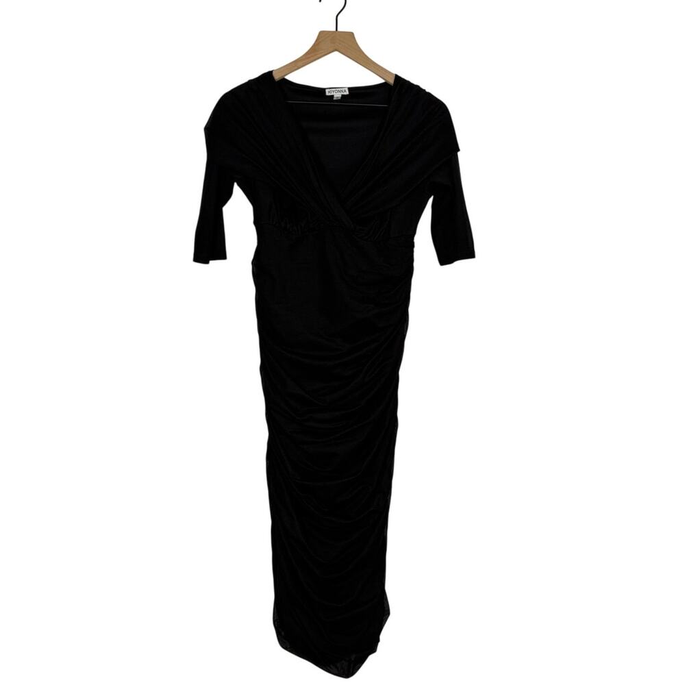 Kiyonna Midi Bodycon Dress Womens 0X L 10 12 Black Plunge V-Neck Ruched Cocktail